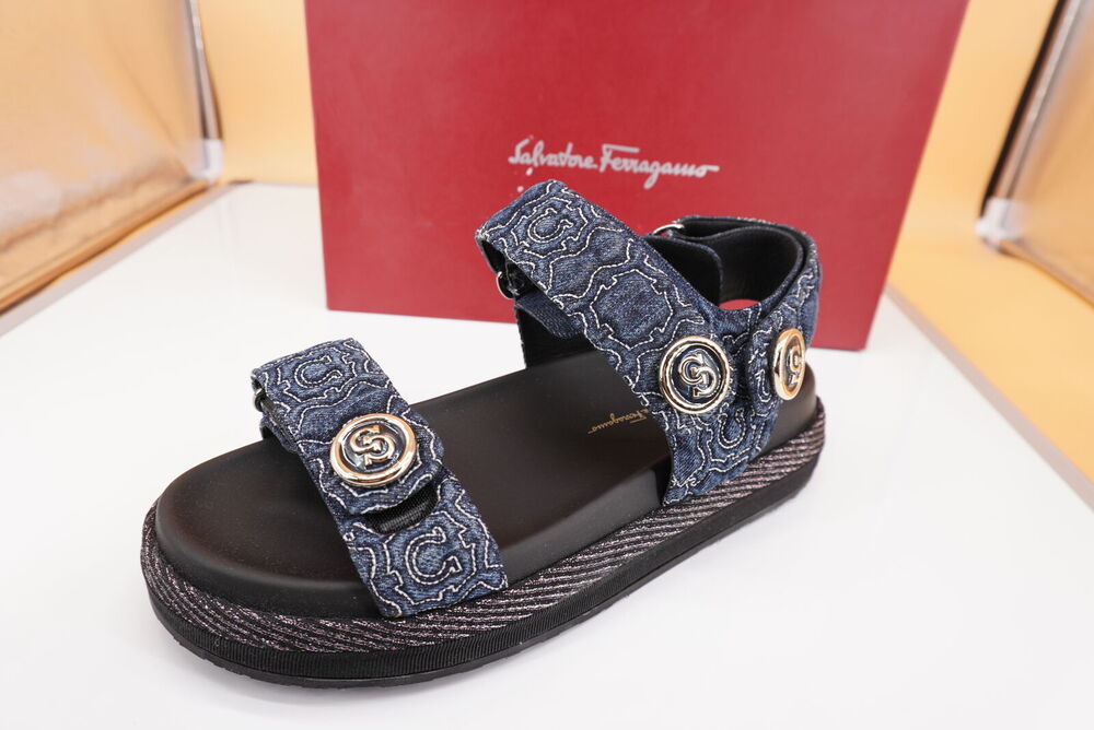 Salvatore Ferragamo Kalie Gal QT Denim Logo Sandal SZ 9.5 C Button $850 NIB